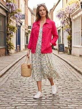 💐✨ Nina Leonard Stretch Denim Jacket Coral Pink Button Up | Sz M